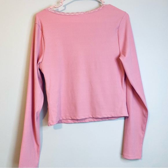 Light Pink Long Sleeve Crop Top Babydoll ribbed top -Size: XL - Picture 3 of 7